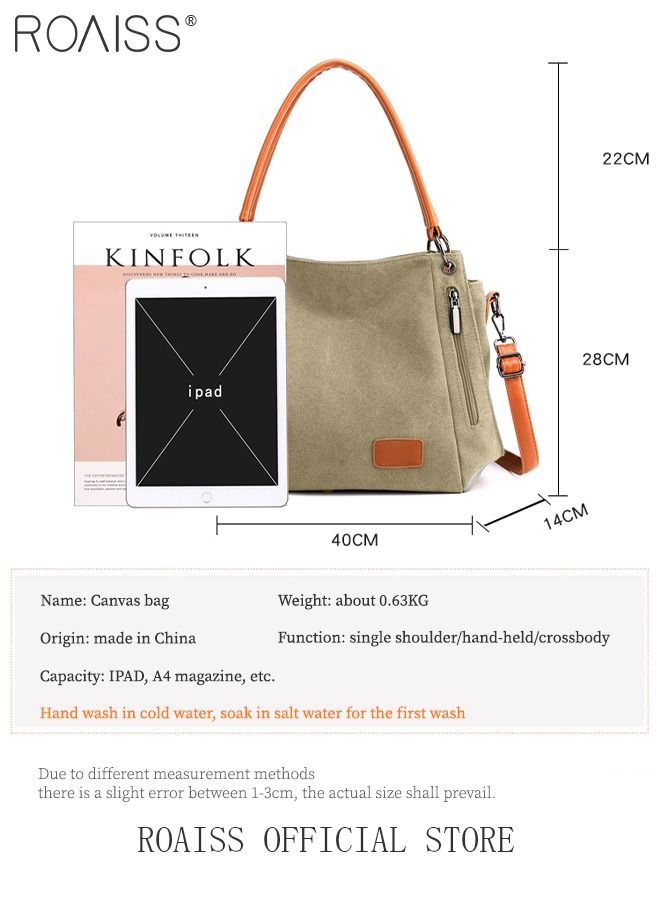 Large Capacity Shoulder Tote Bag Casual Canvas Handbag Crossbody with Long Strap Multi Pocket for Young Women Teenagers School