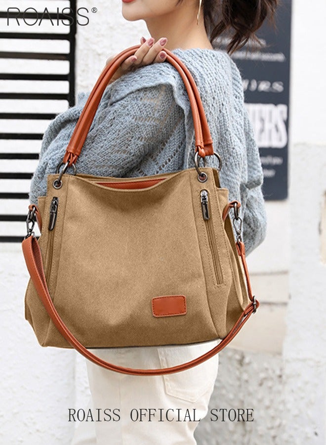 Large Capacity Shoulder Tote Bag Casual Canvas Handbag Crossbody with Long Strap Multi Pocket for Young Women Teenagers School Shopping