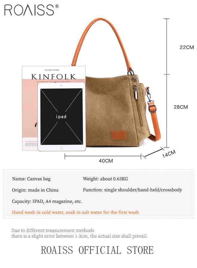 Large Capacity Shoulder Tote Bag Casual Canvas Handbag Crossbody with Long Strap Multi Pocket for Young Women Teenagers School Shopping