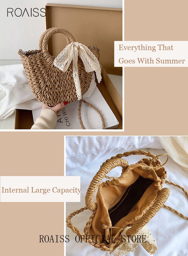 Women Straw Woven Shoulder Bag Summer Beach Travel Crossbody Handbag Classics Satchel Purse Woven Handbags Women Straw Tote Bag with Zip