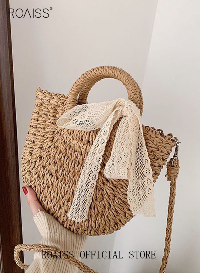 Women Straw Woven Shoulder Bag Summer Beach Travel Crossbody Handbag Classics Satchel Purse Woven Handbags Women Straw Tote Bag with Zip