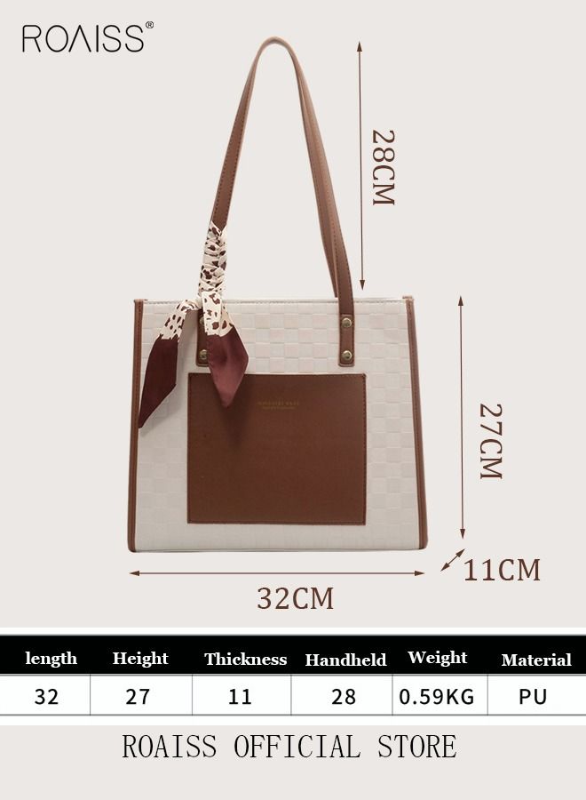 Women Leather Two Tone Tote Bag Ladies Geometric & Letter Embossed Twilly Scarf Decor Shoulder Tote Bag Women's Large Capacity Commuter Shoulder Bag