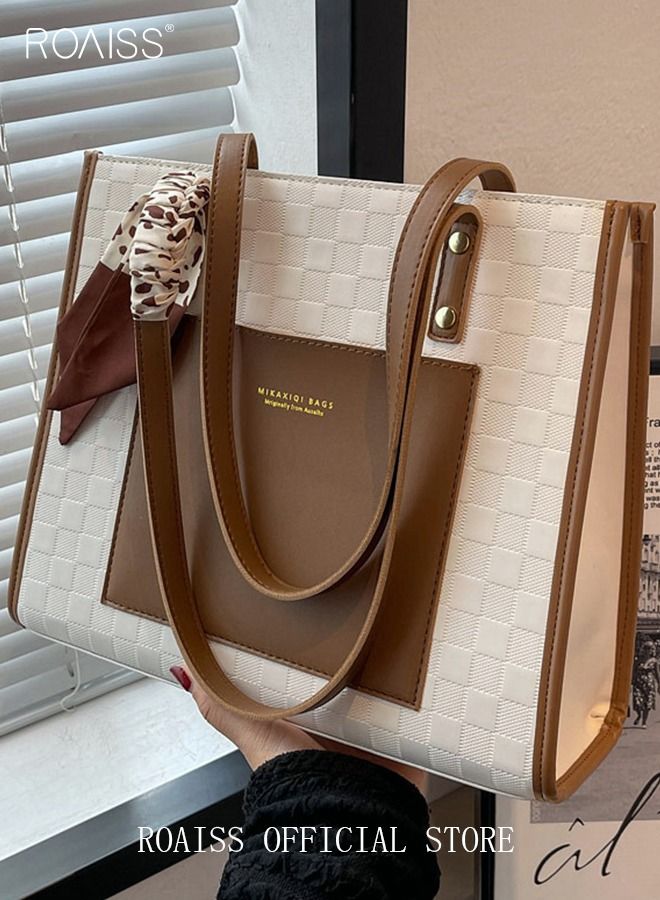 Women Leather Two Tone Tote Bag Ladies Geometric & Letter Embossed Twilly Scarf Decor Shoulder Tote Bag Women's Large Capacity Commuter Shoulder Bag