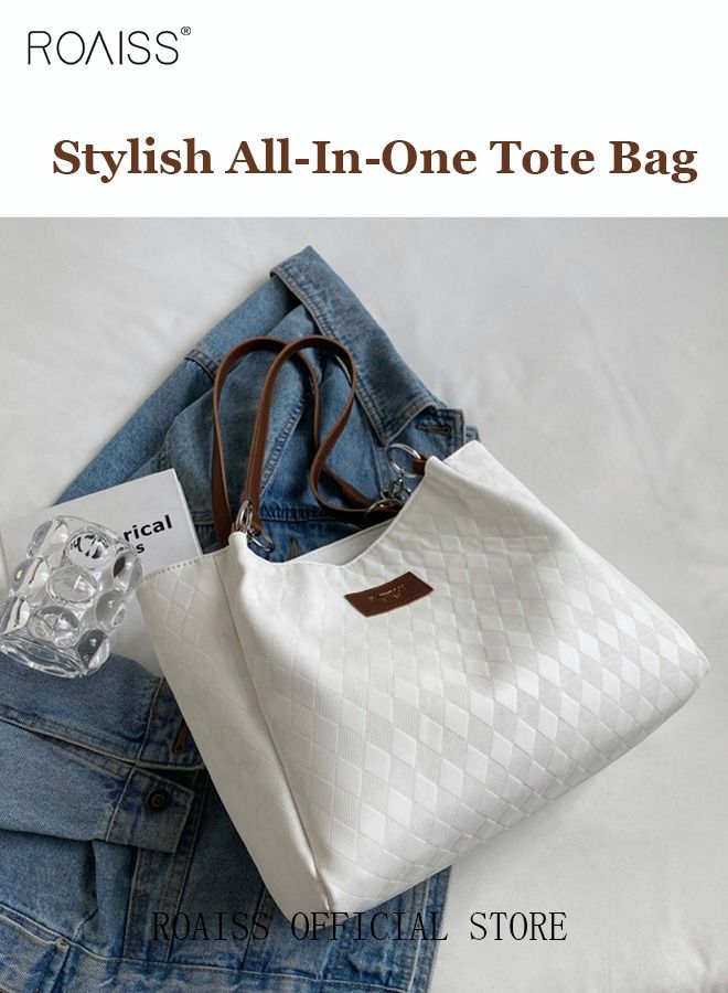 Women Leather Tote Bag Ladies Geometric & Letter Embossed Twilly Shoulder Tote Bag Women's Large Capacity Commuter Shoulder Bag