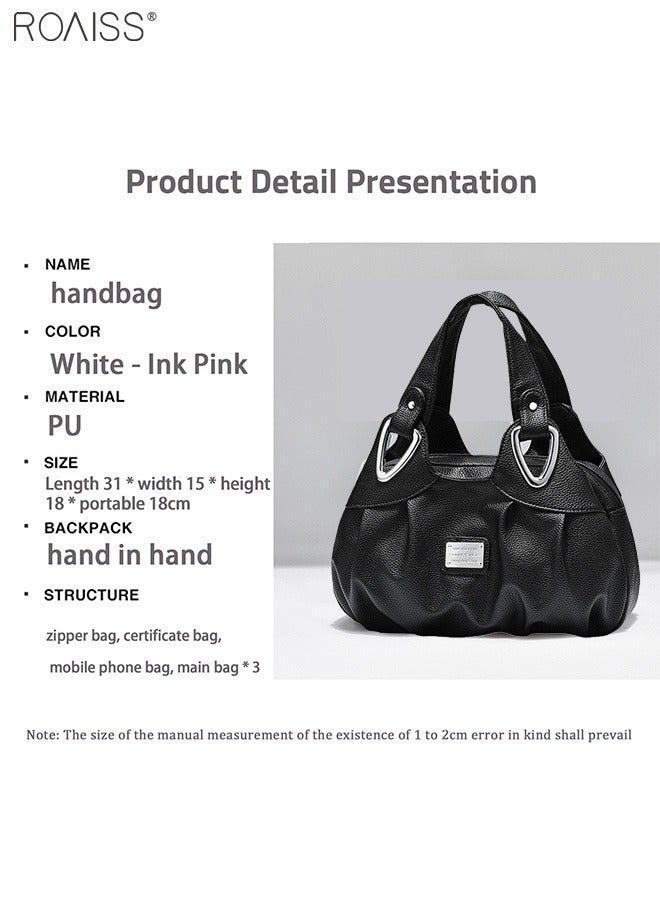 Women's PU Leather Handbag Fashion Ink Printing Pleated Large Capacity Messenger Bag