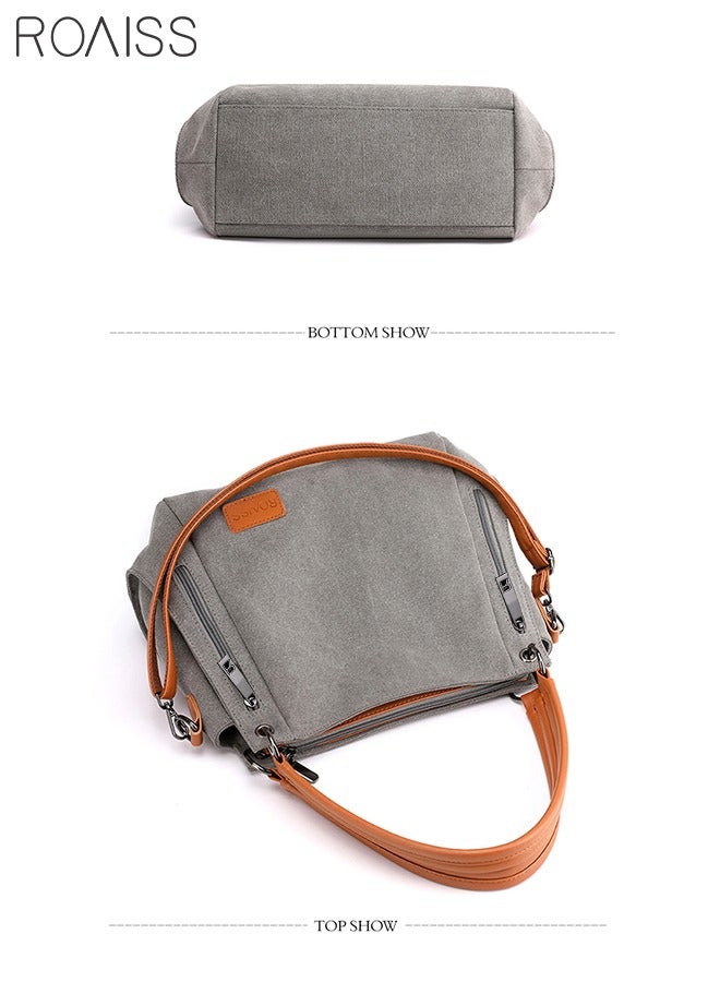 Versatile Canvas Shoulder Tote Bag Casual Canvas Handbag Crossbody with Long Strap Multi Pocket for Young Women Teenagers School Shopping Grey Orange