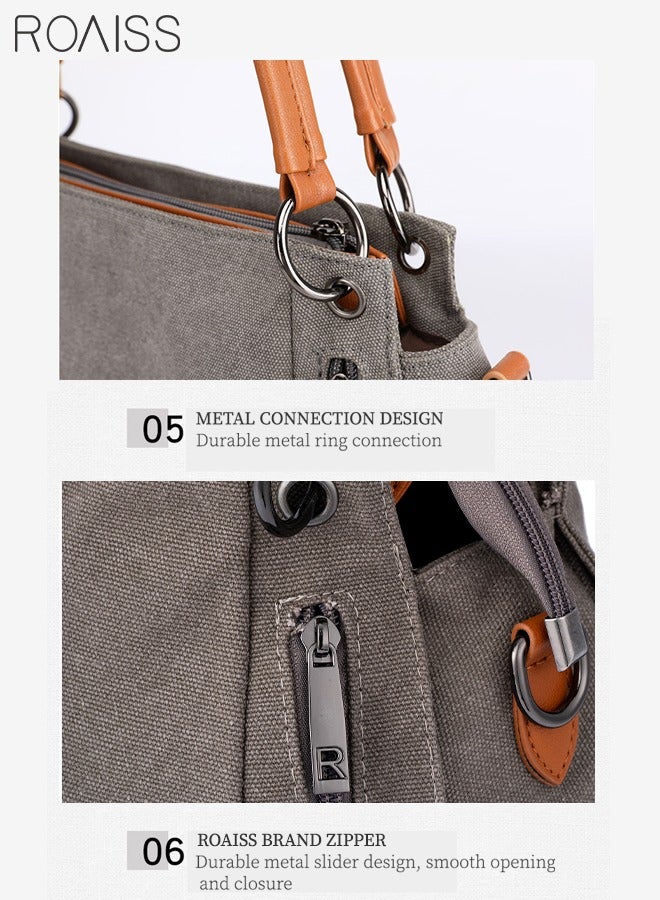 Versatile Canvas Shoulder Tote Bag Casual Canvas Handbag Crossbody with Long Strap Multi Pocket for Young Women Teenagers School Shopping Grey Orange