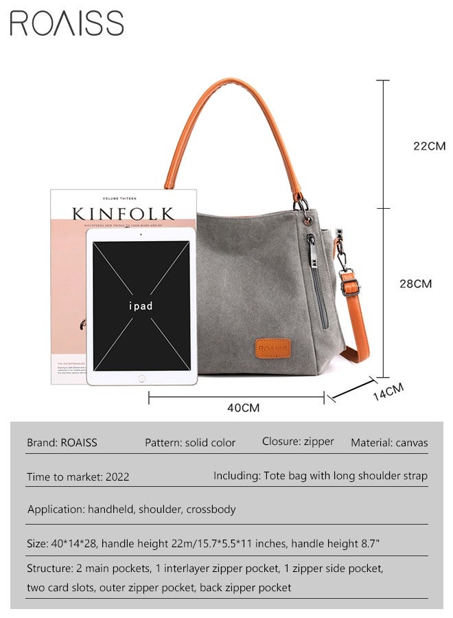 Versatile Canvas Shoulder Tote Bag Casual Canvas Handbag Crossbody with Long Strap Multi Pocket for Young Women Teenagers School Shopping Grey Orange