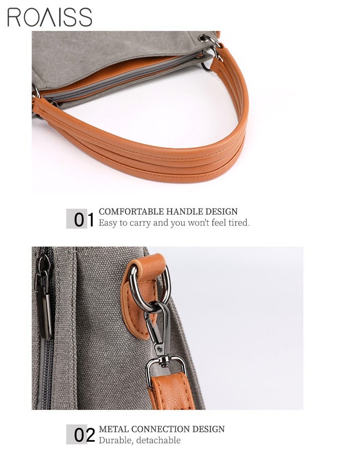 Versatile Canvas Shoulder Tote Bag Casual Canvas Handbag Crossbody with Long Strap Multi Pocket for Young Women Teenagers School Shopping Grey Orange