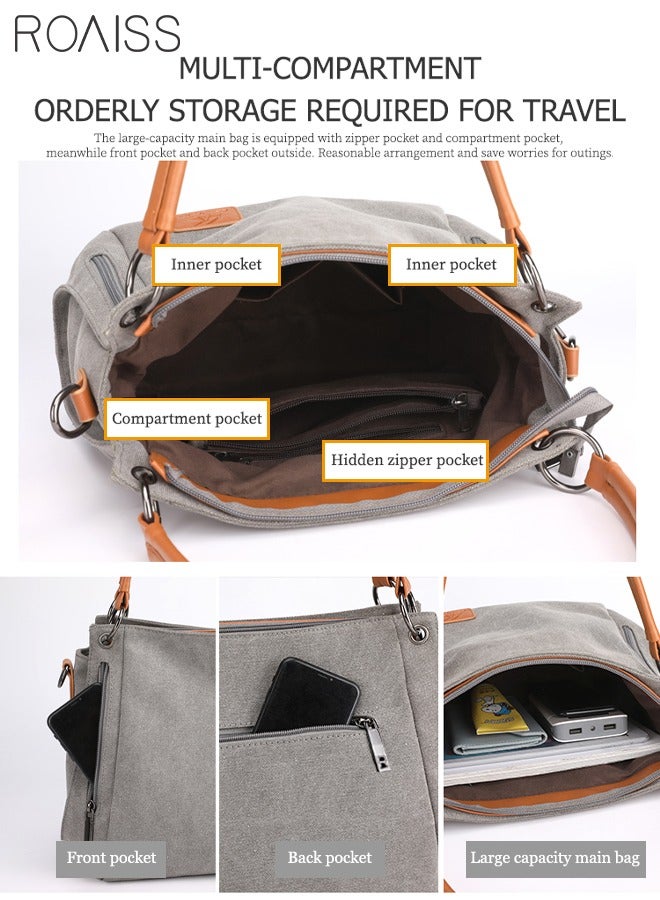 Versatile Canvas Shoulder Tote Bag Casual Canvas Handbag Crossbody with Long Strap Multi Pocket for Young Women Teenagers School Shopping Grey Orange