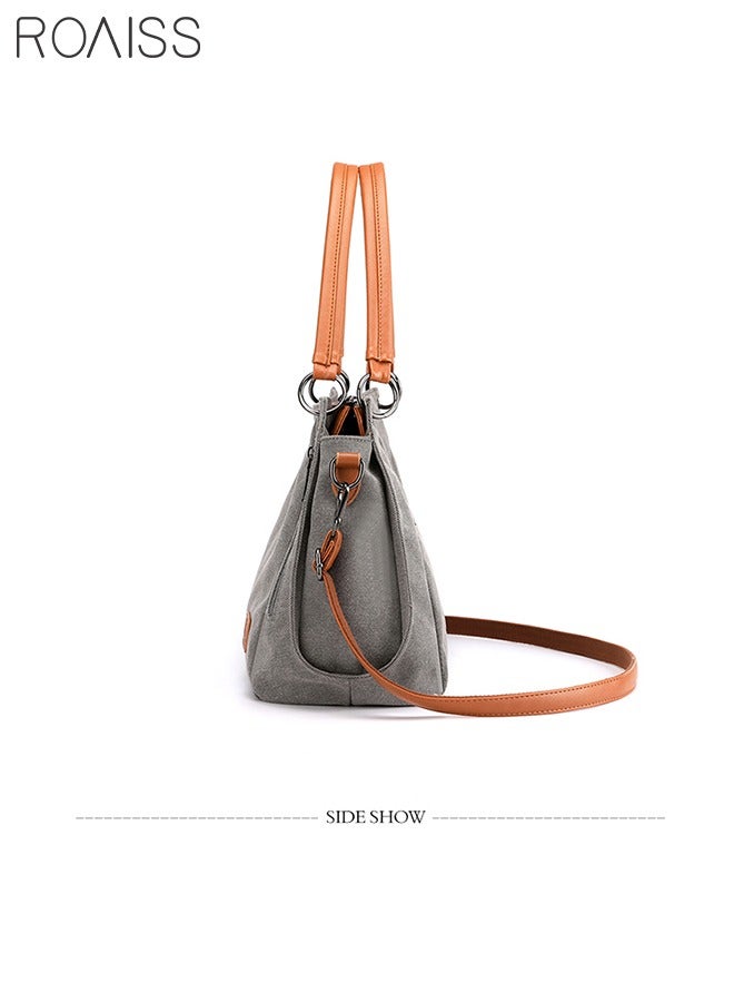 Grey and Orange Versatile Canvas Shoulder Tote Bag Casual Canvas Handbag Crossbody with Long Strap Multi Pocket for Young Women Teenagers School Shopping Grey Orange