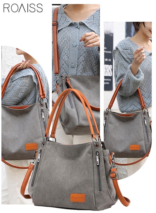 Grey and Orange Versatile Canvas Shoulder Tote Bag Casual Canvas Handbag Crossbody with Long Strap Multi Pocket for Young Women Teenagers School Shopping Grey Orange