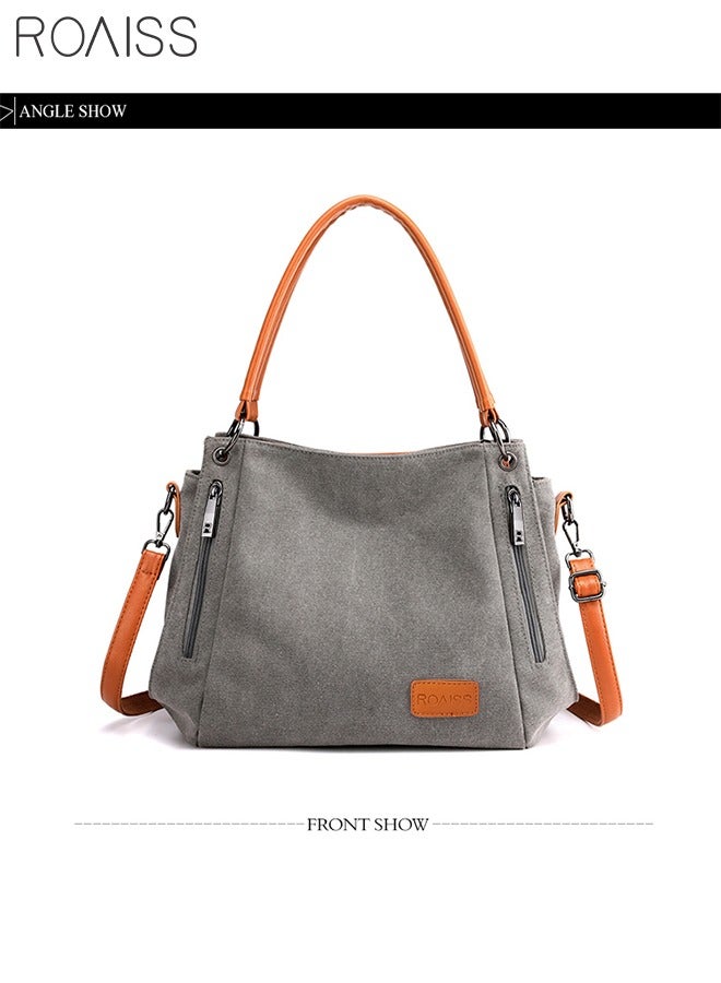 Grey and Orange Versatile Canvas Shoulder Tote Bag Casual Canvas Handbag Crossbody with Long Strap Multi Pocket for Young Women Teenagers School Shopping Grey Orange