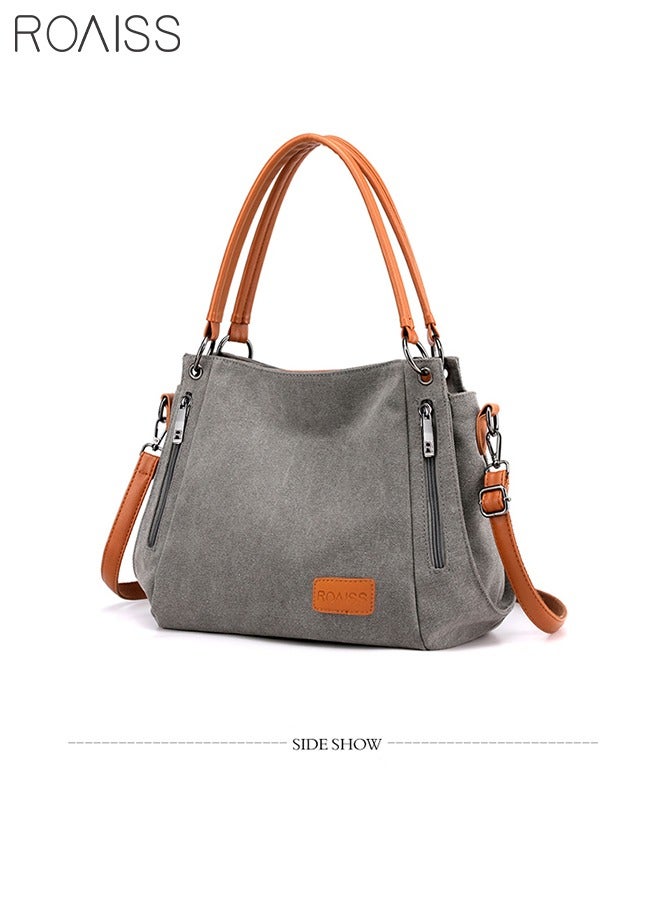 Grey and Orange Versatile Canvas Shoulder Tote Bag Casual Canvas Handbag Crossbody with Long Strap Multi Pocket for Young Women Teenagers School Shopping Grey Orange