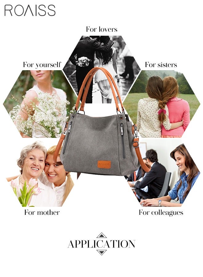 Grey and Orange Versatile Canvas Shoulder Tote Bag Casual Canvas Handbag Crossbody with Long Strap Multi Pocket for Young Women Teenagers School Shopping Grey Orange