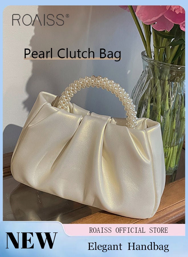 Elegant Pearl Purse Clutch Bag Pleated Cloud Shoulder Crossbody Handbags Women Pearl Tote Bag Rhinestone Clutch Handbag