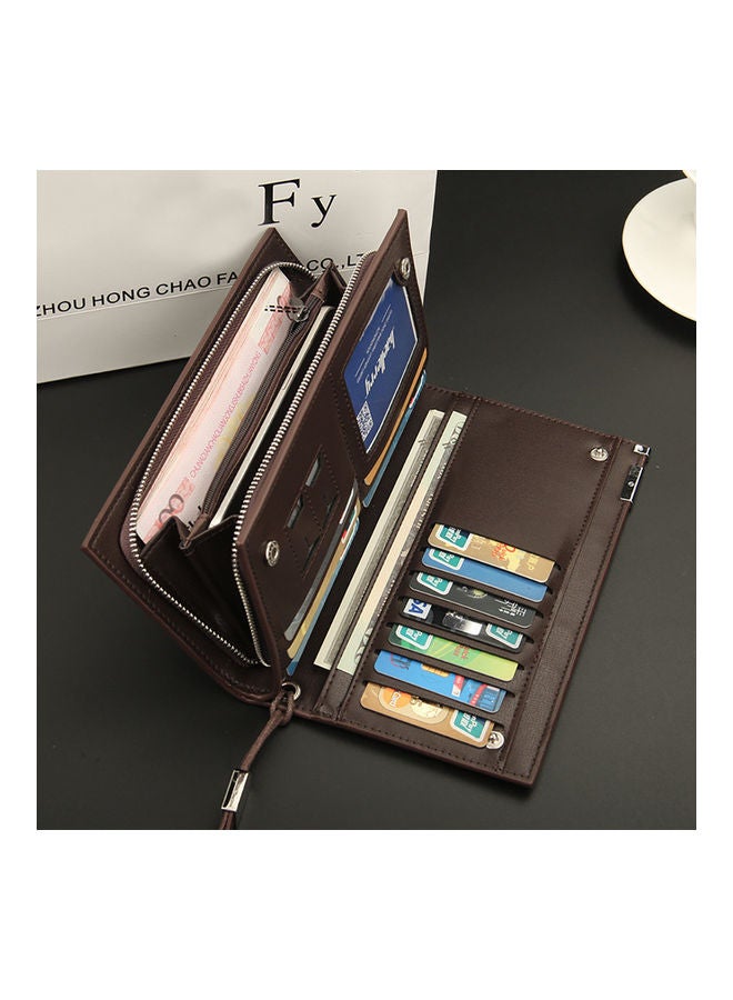 Men's Multifunction Clutch Purse PU Leather Long Triflod Wallet Zipper Multi-card Holder Cash Organizer with Portable Rope Coffee