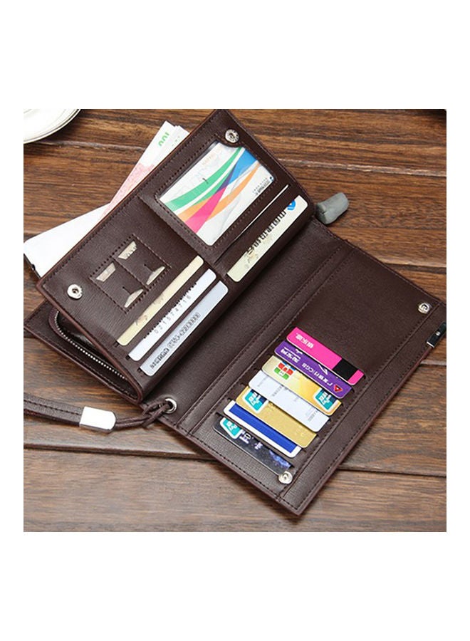 Men's Multifunction Clutch Purse PU Leather Long Triflod Wallet Zipper Multi-card Holder Cash Organizer with Portable Rope Coffee