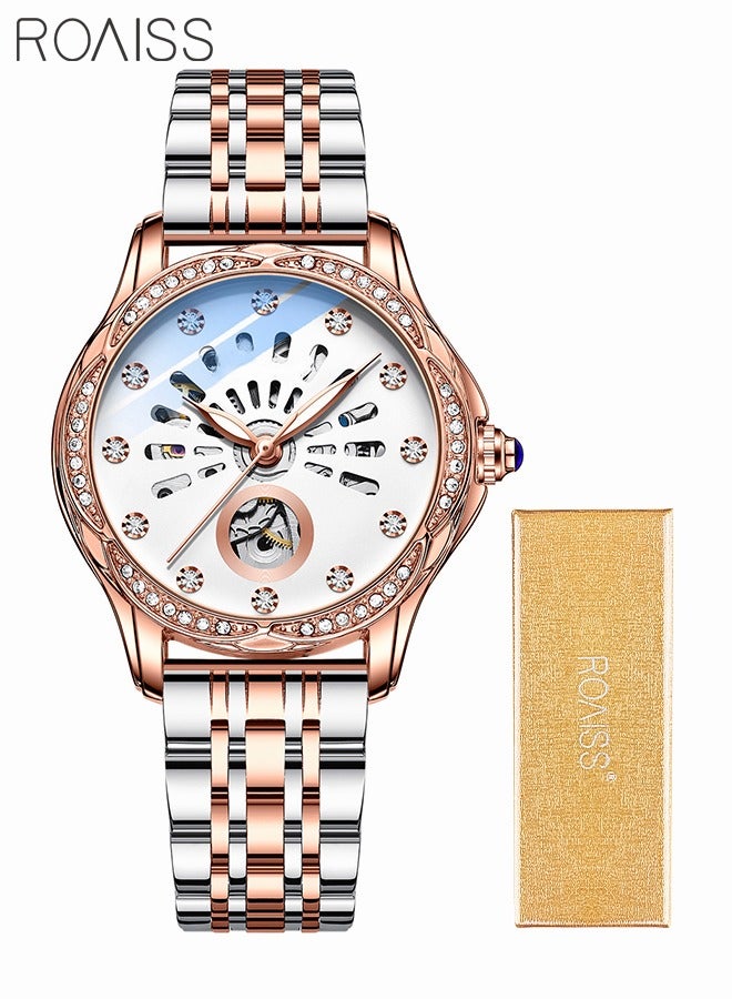 Women's Stainless Steel Strap Mechanical Watch Analog Display Round Dial with Hollow Pattern and Rhinestones Decoration Waterproof Luminous Luxurious Wristwatch as Gift for Ladies