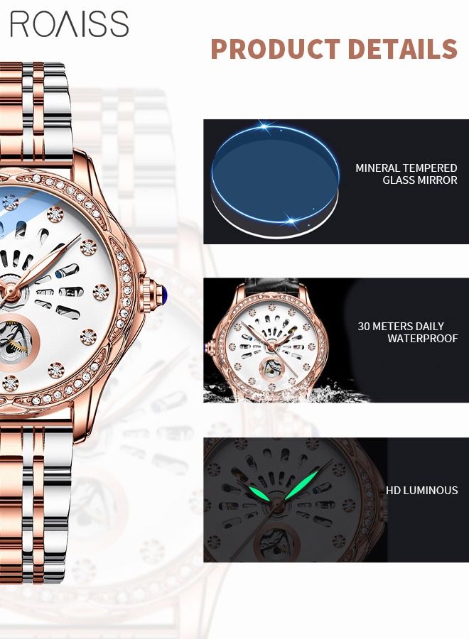 Women's Stainless Steel Strap Mechanical Watch Analog Display Round Dial with Hollow Pattern and Rhinestones Decoration Waterproof Luminous Luxurious Wristwatch as Gift for Ladies