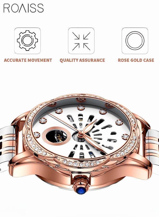 Women's Stainless Steel Strap Mechanical Watch Analog Display Round Dial with Hollow Pattern and Rhinestones Decoration Waterproof Luminous Luxurious Wristwatch as Gift for Ladies