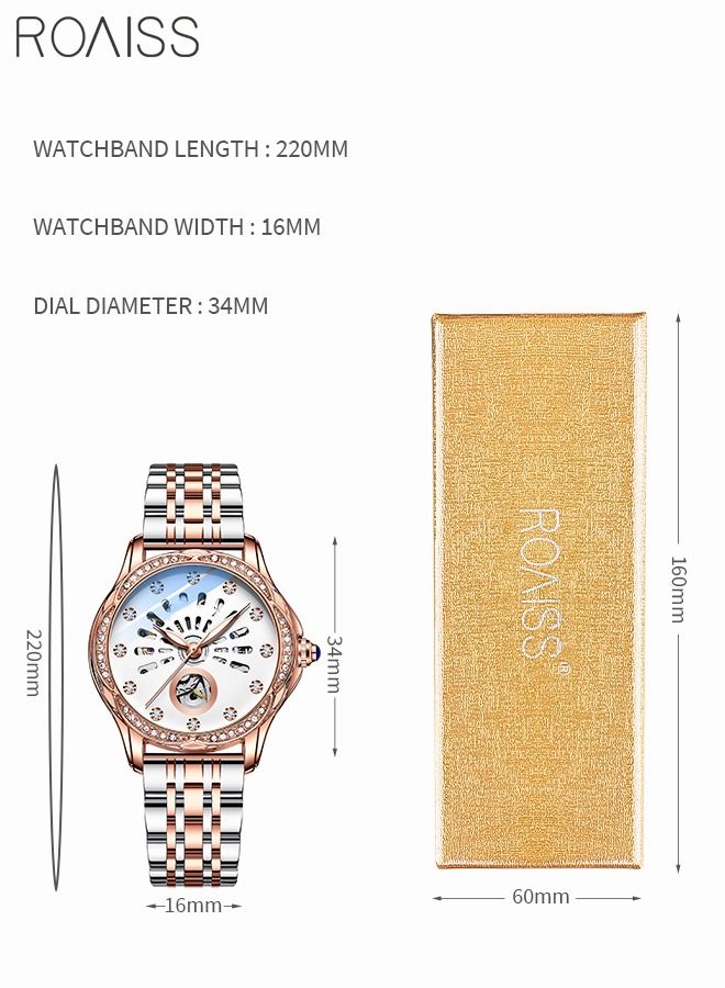 Women's Stainless Steel Strap Mechanical Watch Analog Display Round Dial with Hollow Pattern and Rhinestones Decoration Waterproof Luminous Luxurious Wristwatch as Gift for Ladies