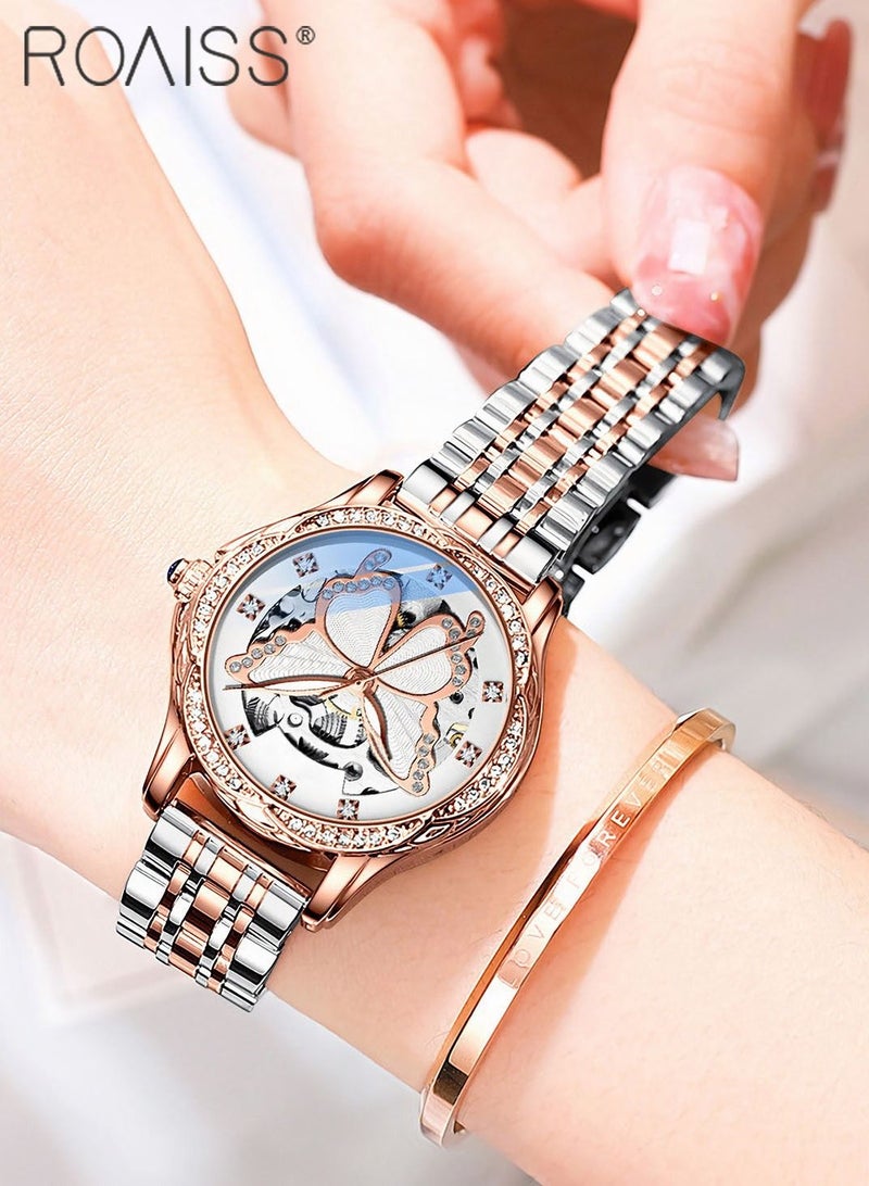 Women's Steel Strap Mechanical Watch Analog Display Round Dial Watch with Hollow Butterfly Pattern and Rhinestones Decoration Waterproof Luminous Watch as Gift for Ladies