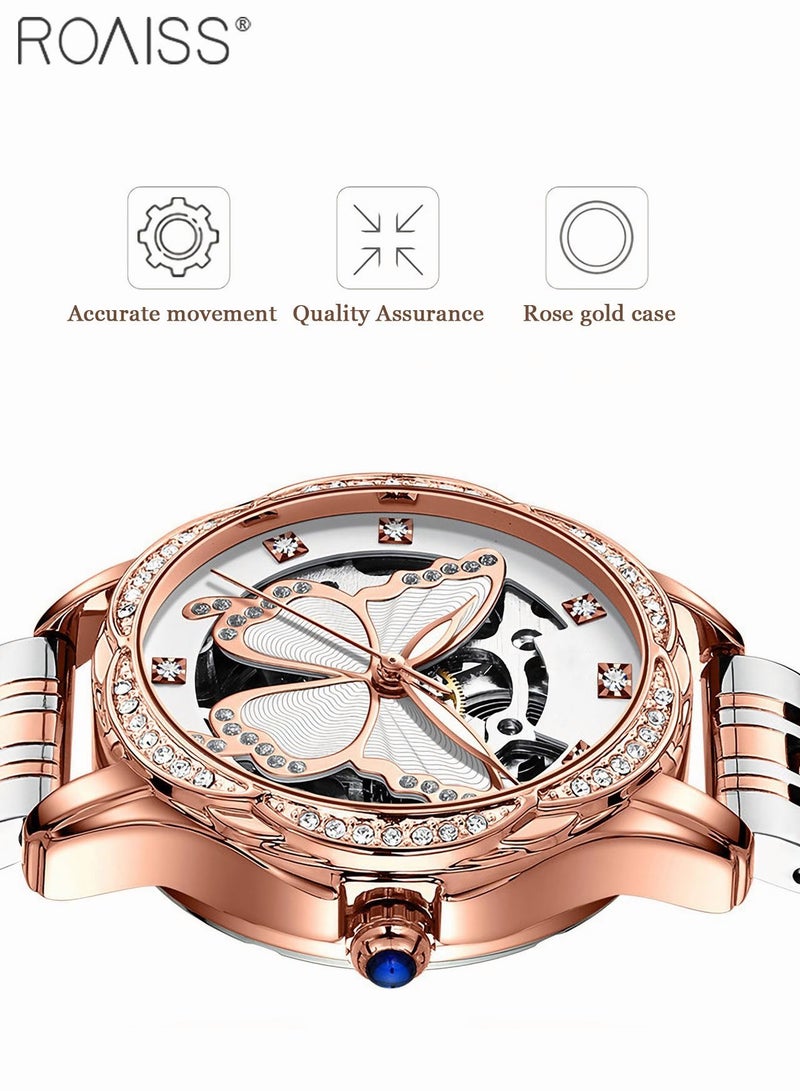 Women's Steel Strap Mechanical Watch Analog Display Round Dial Watch with Hollow Butterfly Pattern and Rhinestones Decoration Waterproof Luminous Watch as Gift for Ladies