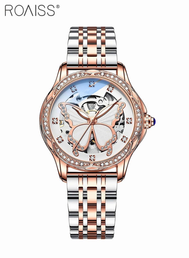 Women's Steel Strap Mechanical Watch Analog Display Round Dial Watch with Hollow Butterfly Pattern and Rhinestones Decoration Waterproof Luminous Watch as Gift for Ladies