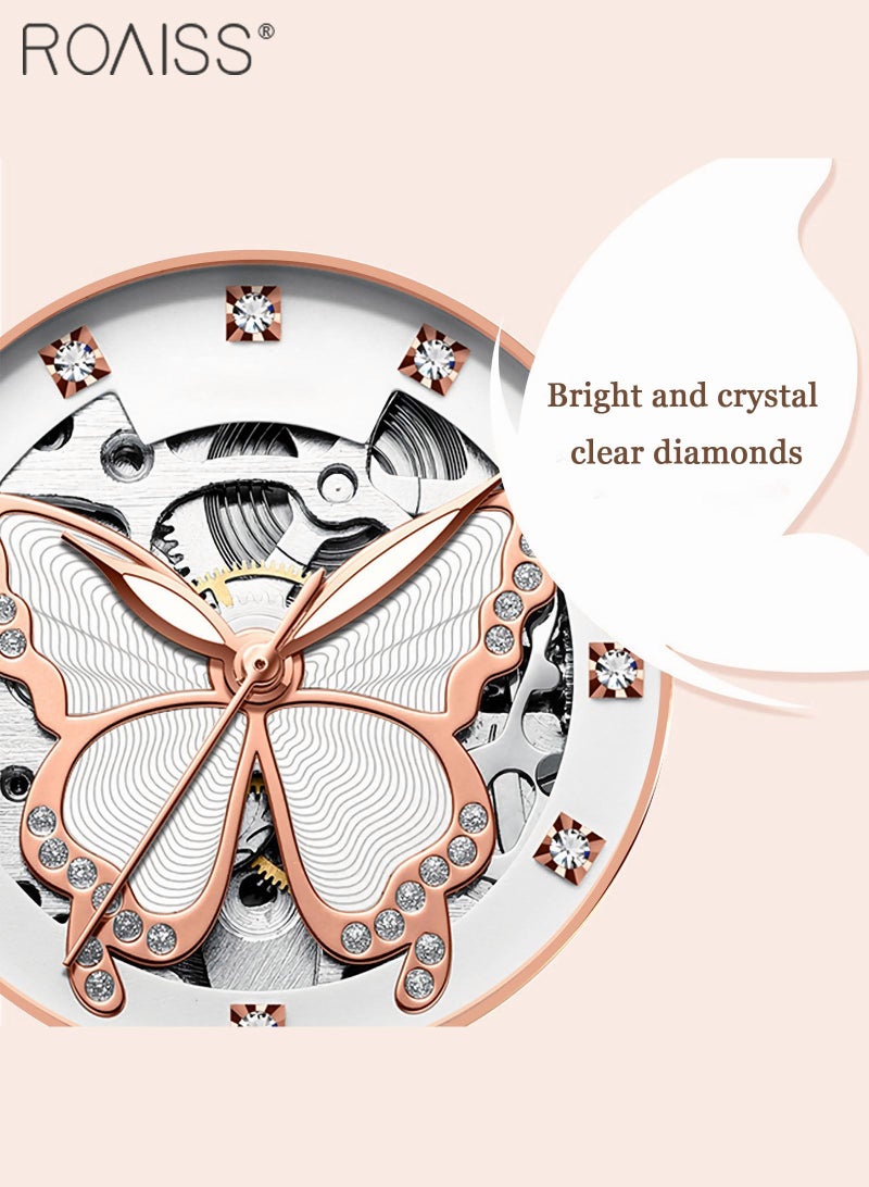 Women's Steel Strap Mechanical Watch Analog Display Round Dial Watch with Hollow Butterfly Pattern and Rhinestones Decoration Waterproof Luminous Watch as Gift for Ladies