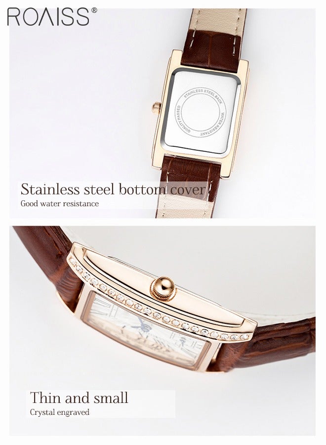 Women's Leather Strap Quartz Watch, Analog Display Rectangle Dial Watch with Rhinestones Decoration, Waterproof Retro Watch as Gift for Women