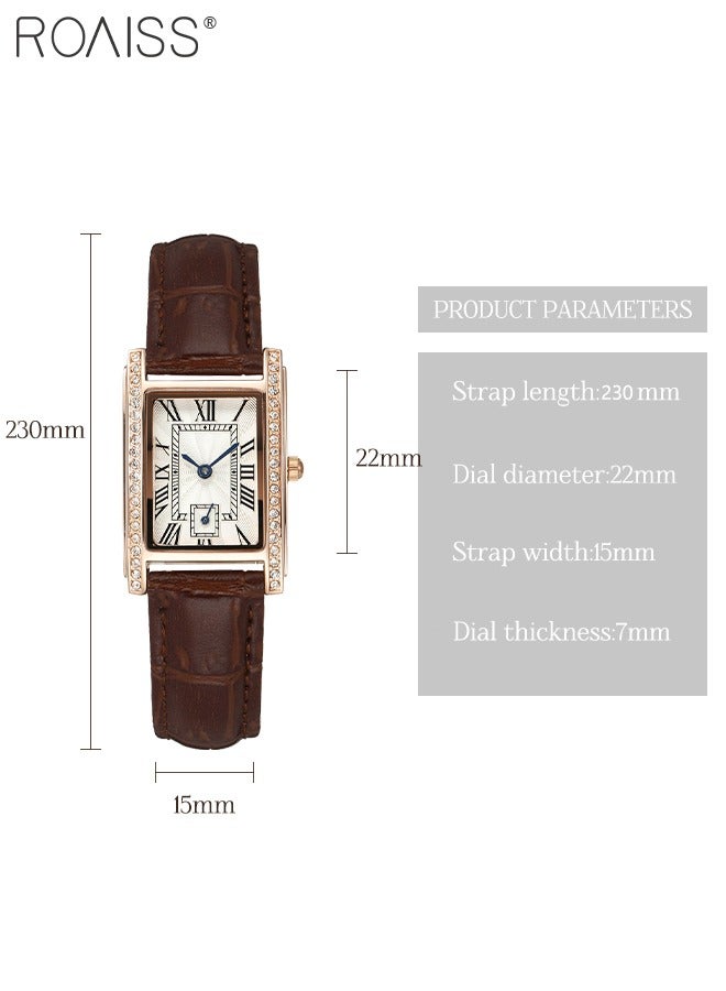 Women's Leather Strap Quartz Watch, Analog Display Rectangle Dial Watch with Rhinestones Decoration, Waterproof Retro Watch as Gift for Women