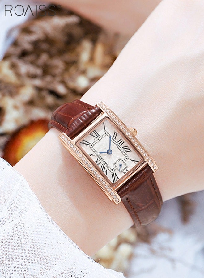 Women's Leather Strap Quartz Watch, Analog Display Rectangle Dial Watch with Rhinestones Decoration, Waterproof Retro Watch as Gift for Women