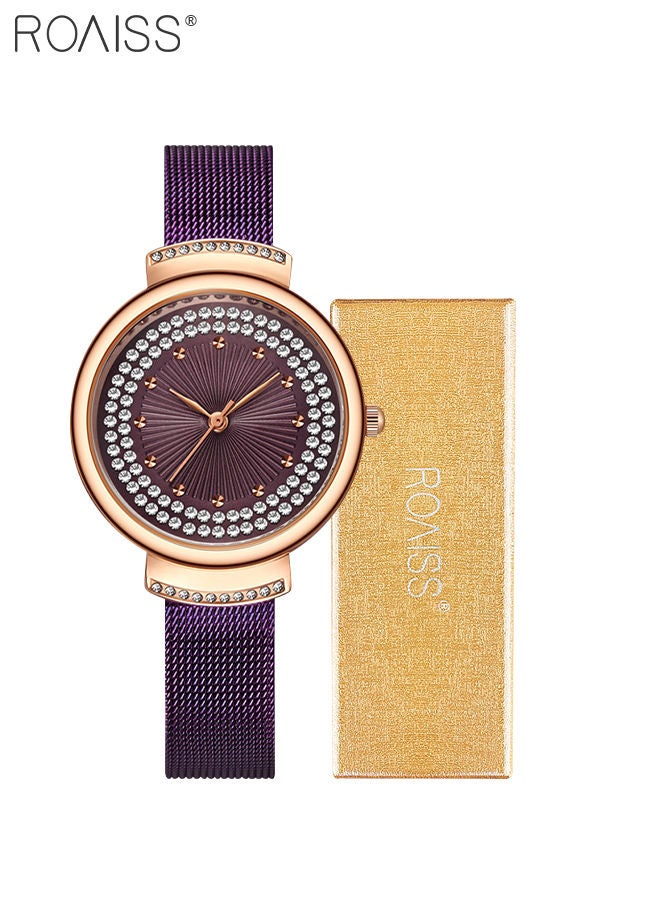 Women's Stainless Steel Mesh Strap Quartz Watch, Analog Display Round Dial with Rhinestones Decoration, Waterproof Elegant Watch as Gift for Women, Purple