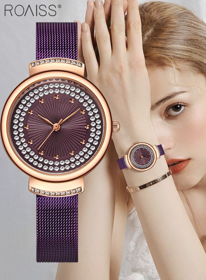 Women's Stainless Steel Mesh Strap Quartz Watch, Analog Display Round Dial with Rhinestones Decoration, Waterproof Elegant Watch as Gift for Women, Purple