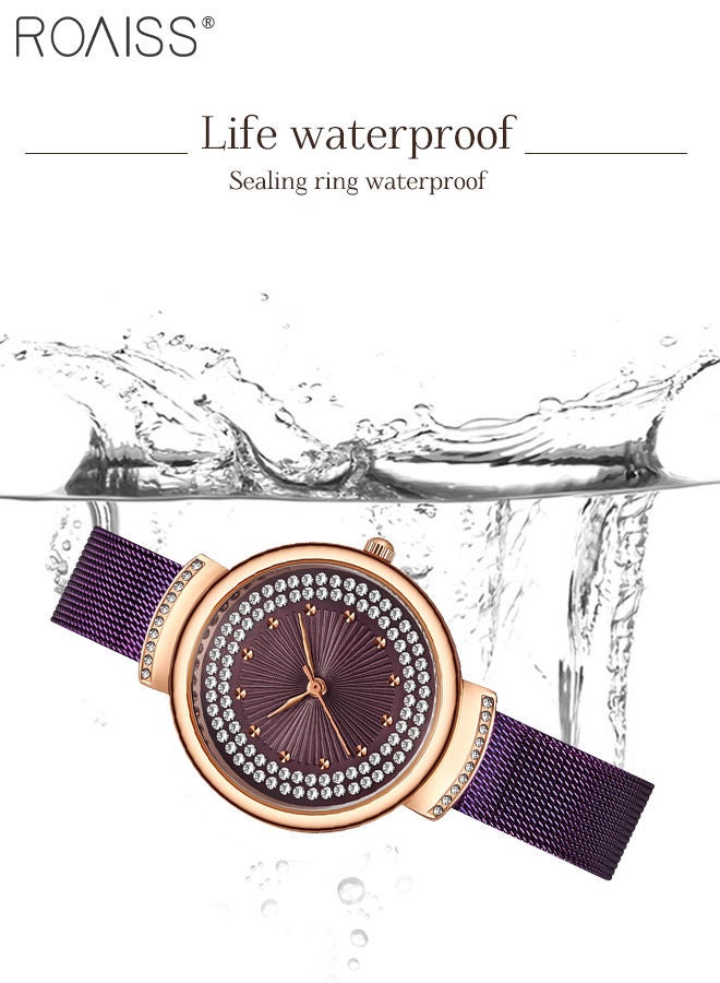 Women's Stainless Steel Mesh Strap Quartz Watch, Analog Display Round Dial with Rhinestones Decoration, Waterproof Elegant Watch as Gift for Women, Purple