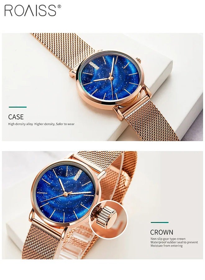 Women's Stainless Steel Mesh Strap Quartz Watch Analog Display Round Blue Aurora Starry Sky Dial Waterproof Elegant Wristwatch as Gift for Ladies