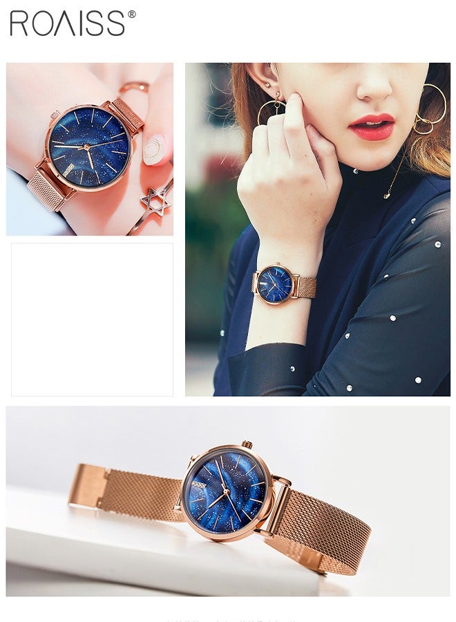 Women's Stainless Steel Mesh Strap Quartz Watch Analog Display Round Blue Aurora Starry Sky Dial Waterproof Elegant Wristwatch as Gift for Ladies