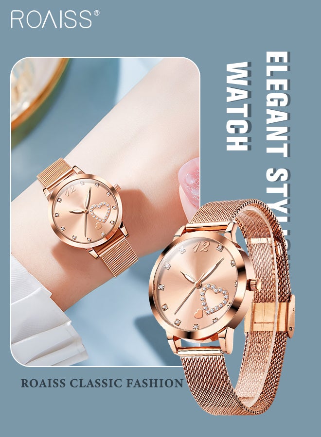 Women's Mesh Steel Strap Quartz Watch Analog Display Round Dial with Romantic Heart Design and Rhinestones Decoration Waterproof Luminous Luxurious Wristwatch as Gift for Ladies