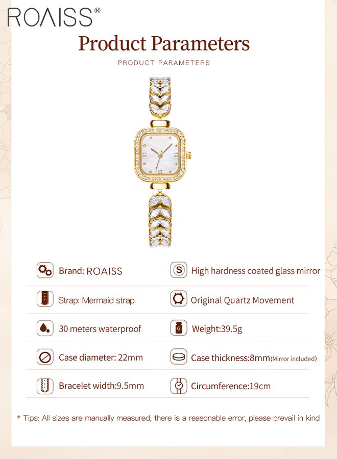 Women's Mermaid Strap Quartz Watch Analog Display Square Fritillaria Dial and Zirconia Diamonds Decoration Waterproof Luxurious Wristwatch as Gift for Ladies