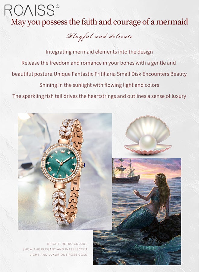 Women's Mermaid Strap Quartz Watch Analog Display Round Fritillaria Dial and Zirconia Diamonds Decoration Waterproof Luxurious Wristwatch as Gift for Ladies