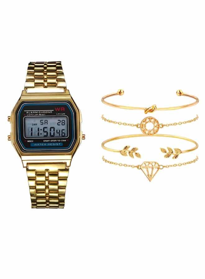 women 5-Piece Stainless Steel Digital Watch And Bracelet Set 8351