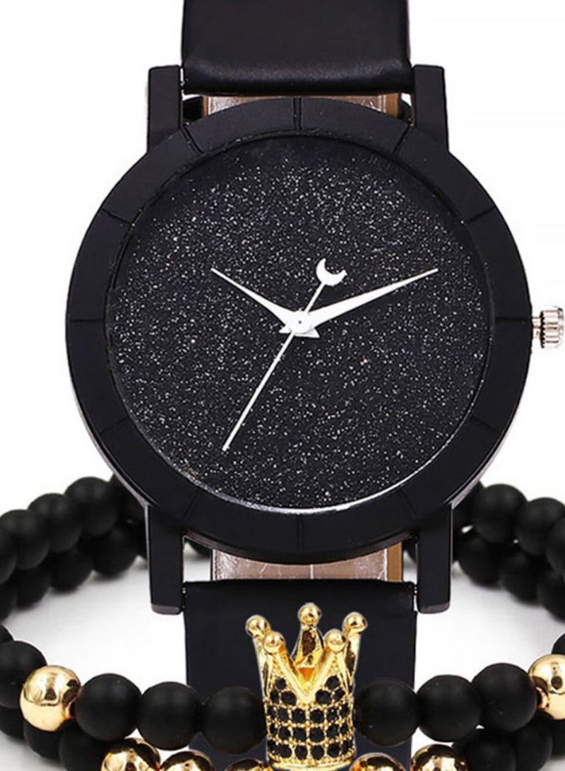 women 3-Piece Round Dial Analog Watch With Beaded Bracelet Set 173