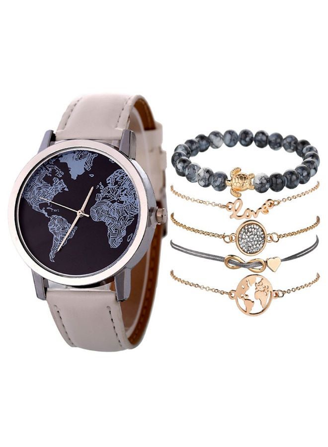 women 6-Piece Retro Map Leather Analog Watch And Bracelet Set NSSB037000222