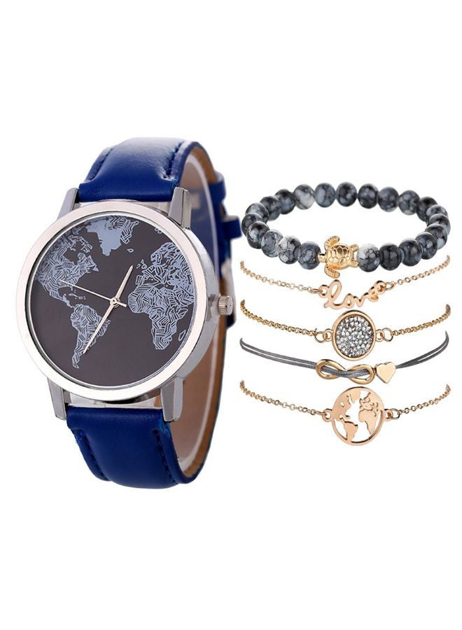 women 6-Piece Retro Map Leather Analog Watch And Bracelet Set NSSB037000225