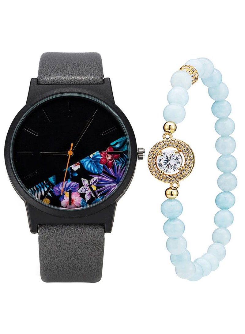 women 2 Pcs Pointer Patchwork Flower Pattern Round Dial Trendy Watch With Bracelet