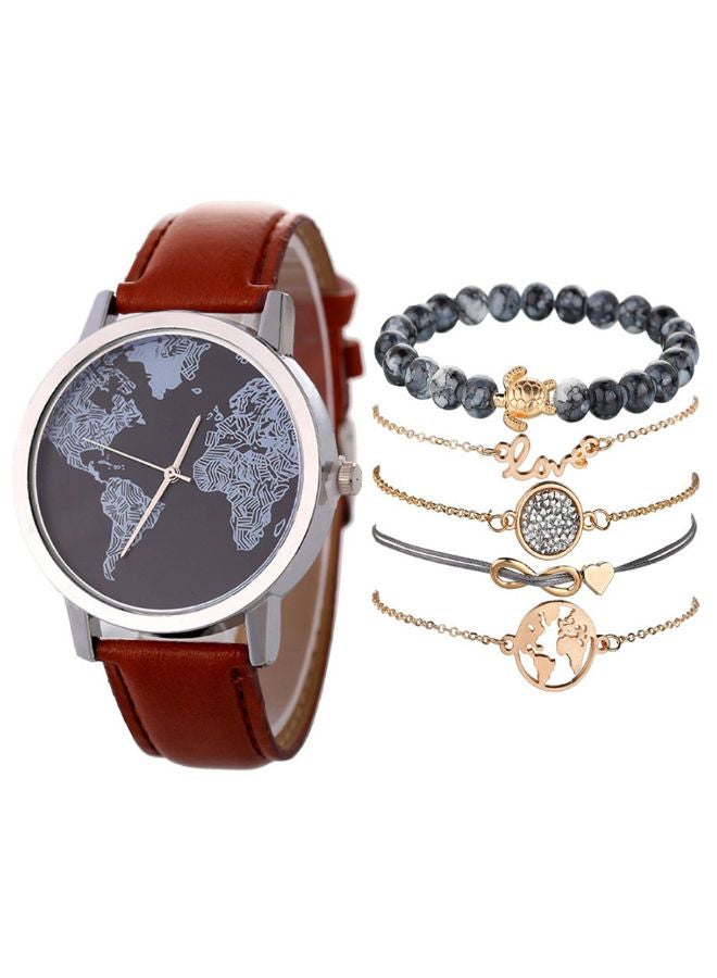 women 6-Piece Retro Map Leather Analog Watch And Bracelet Set NSSB037000221