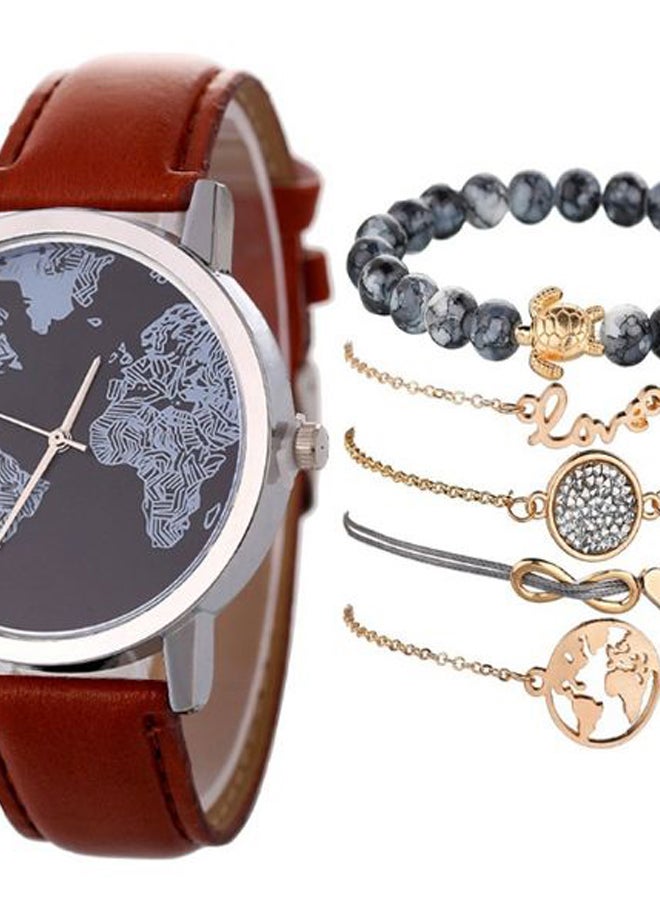 women 6-Piece Retro Map Leather Analog Watch And Bracelet Set NSSB037000221