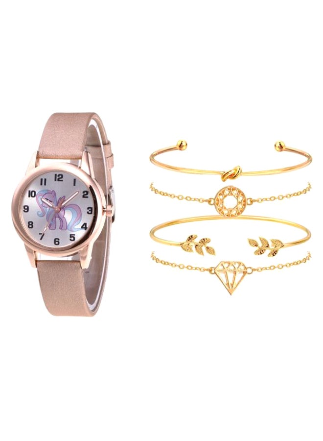 women 5-Piece Round Dial Analog Watch And Bracelet Set 2246