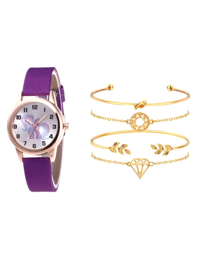 women 5-Piece Round Dial Analog Watch And Bracelet Set 2247